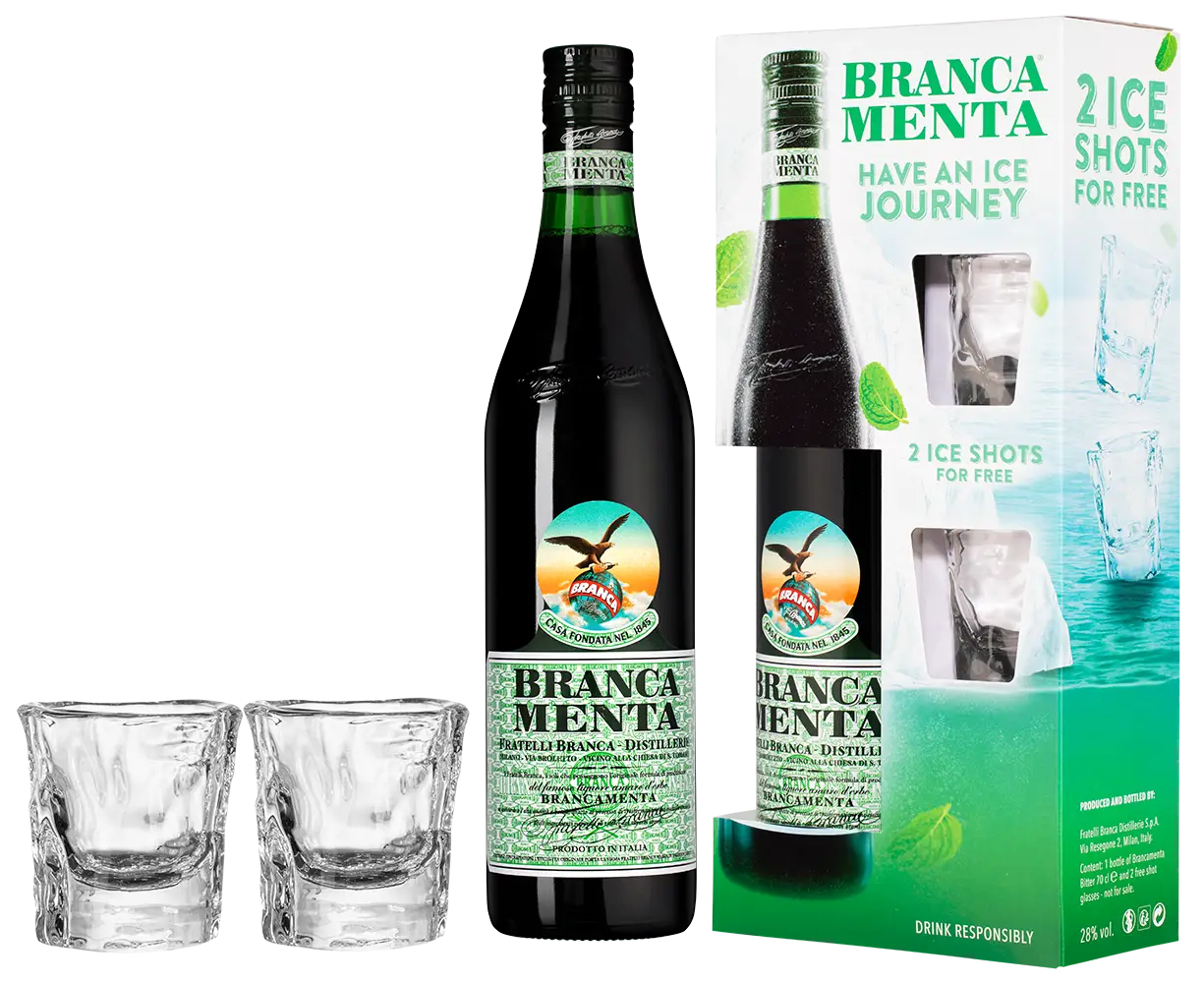 Ликер Branca Menta 0.7 л в подарочной упаковке с 2-мя шотами