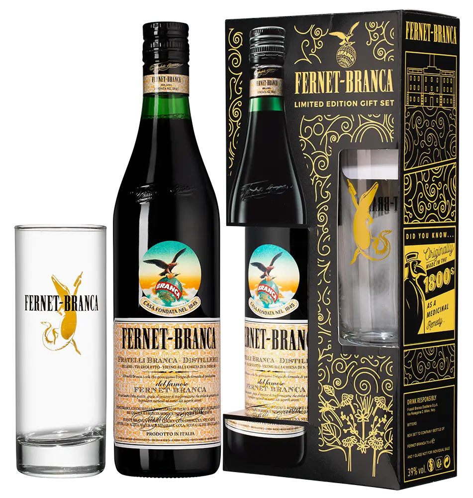Ликер Fernet Branca 0.7 л в подарочной упаковке со стаканом