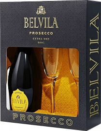 Игристое вино Belvila Prosecco DOC Spumante Extra Dry Villa Degli Olmi 0.75 л Gift Box Set 2 Glass