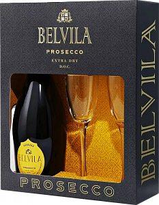 Белое Брют Игристое вино Belvila Prosecco DOC Spumante Extra Dry Villa Degli Olmi 0.75 л Gift Box Set 2 Glass